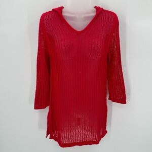 SUNDAY Swim Cover Up Tunic Sweater Hooded Red Open Knit XS Womens Side Slits